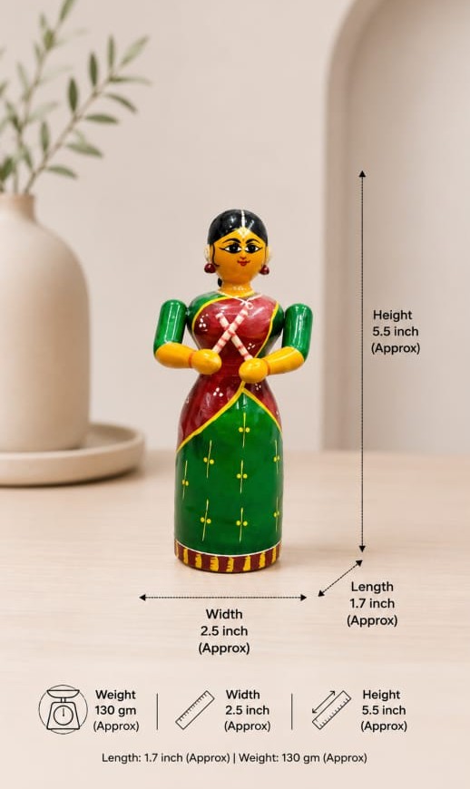 Traditional Indian Woman in Green Saree – Hand-Painted Wooden Doll